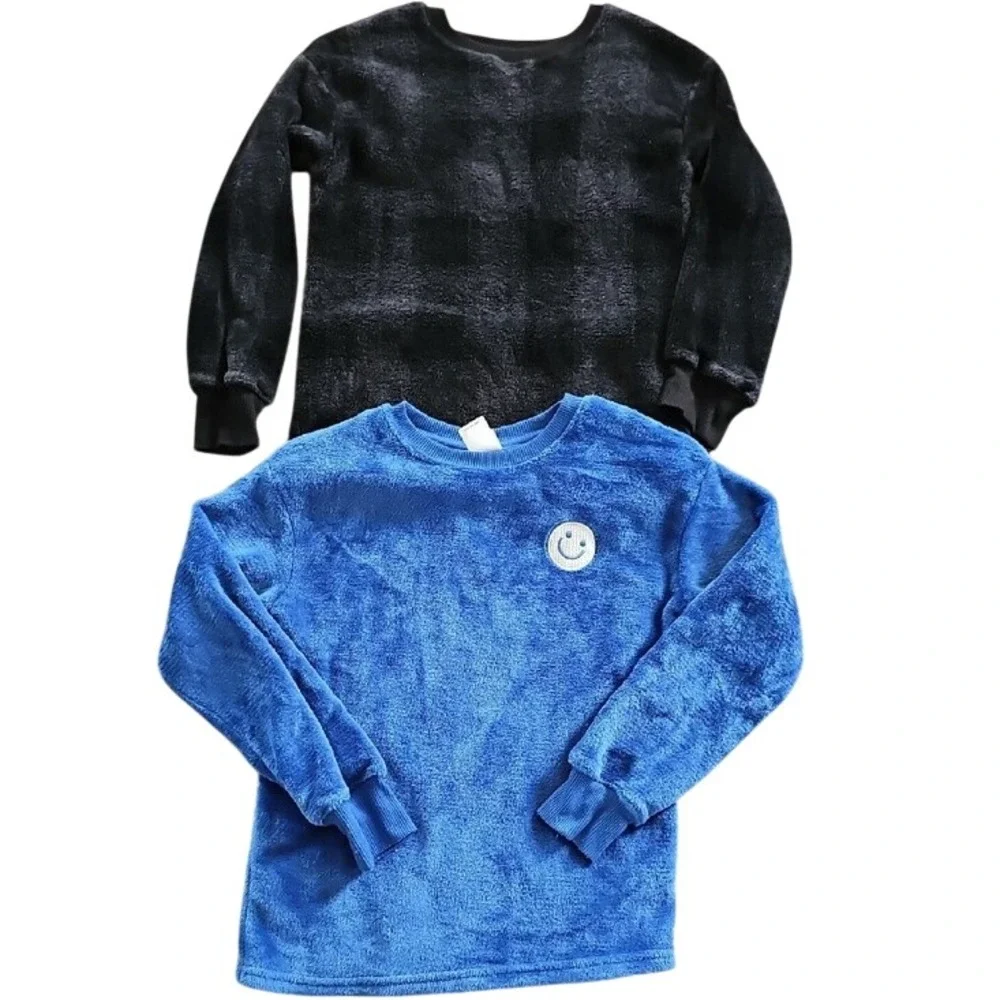 Cat & Jack Kids Fleece Pajama Set Bundle Blue Smiley Black Plaid Size L 10/12